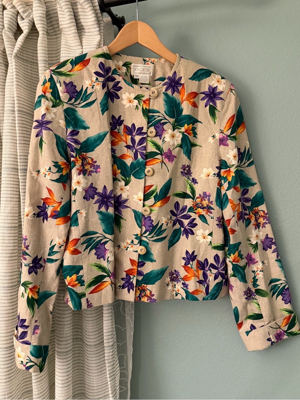 Doncaster Vintage Linen Blend Jacket Women’s 14 Tropical Floral 5 Button Lined